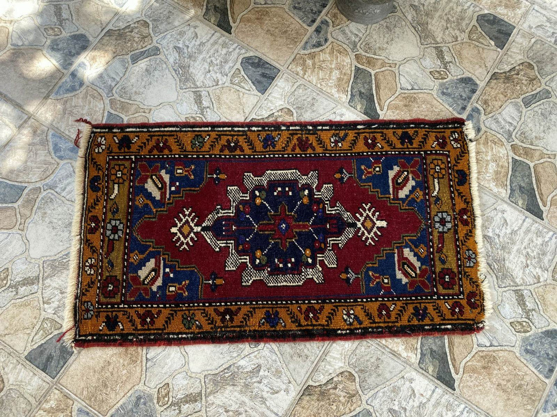 Small Anatolian Rug | 1.7 x 2.9 ft Vintage Hand-Knotted Wool Faded Geometric Rug