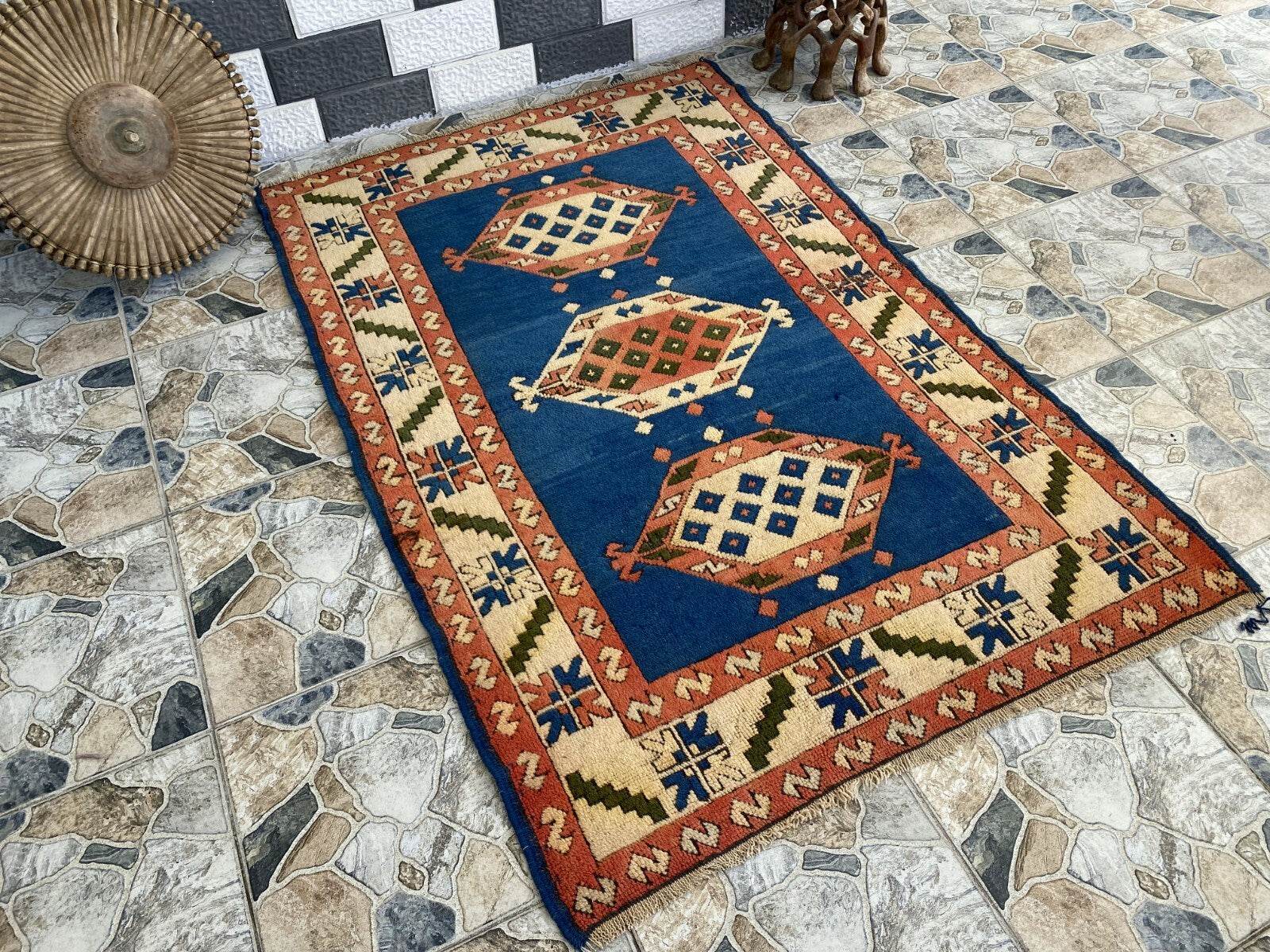 Vintage Turkish Kurdish Wool Rug | Hand-Knotted Tribal Blue Area Carpet 4x6ft