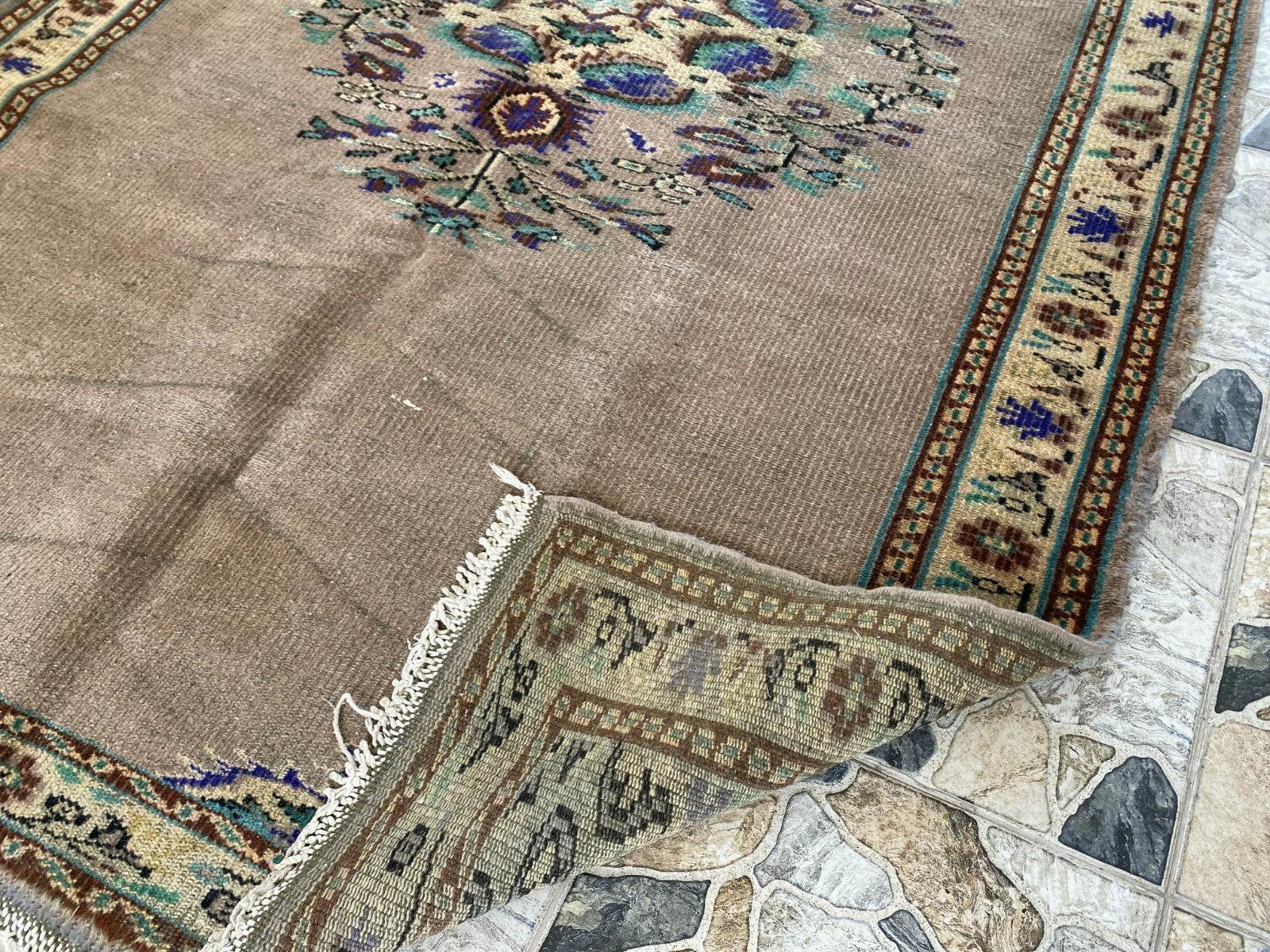 Vintage Turkish Rug | 5.4 x 8.7 ft Hand-Knotted Wool Faded Pastel Anatolian Rug