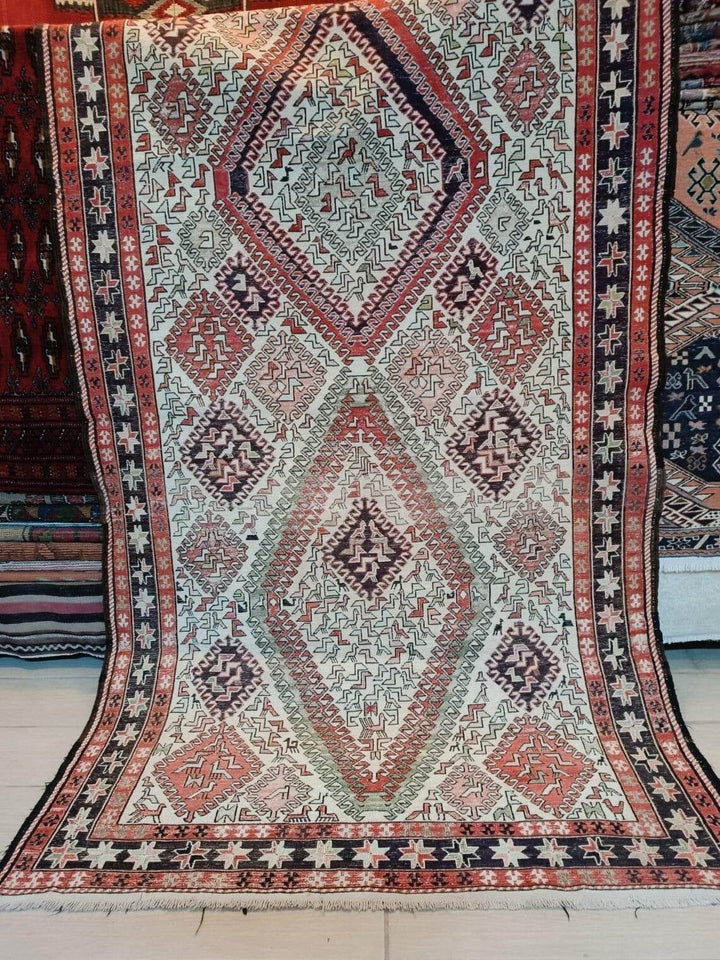 Vintage Persian Style Silk Soumak Rug, Hand-Woven Flatweave | Geometric Area Rug Deco