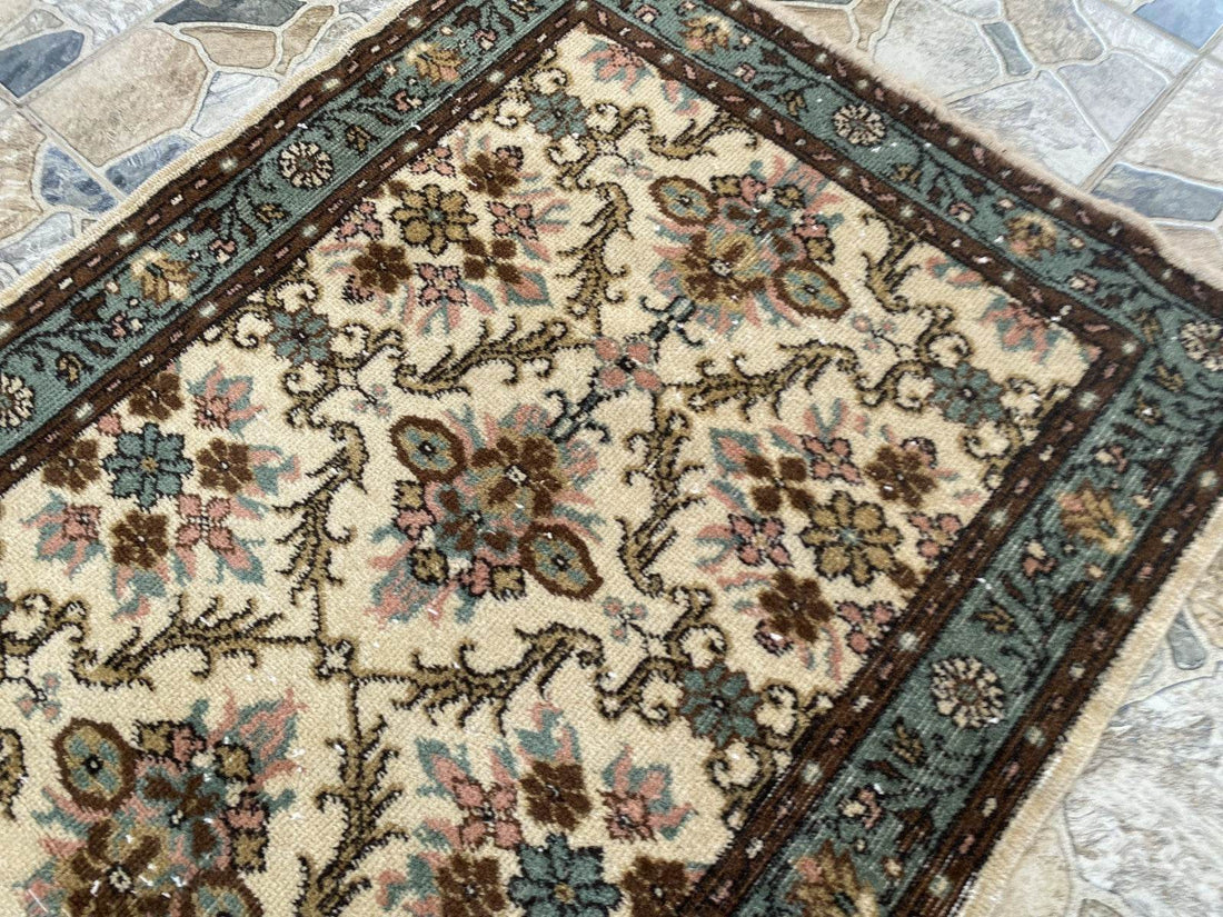 Vintage Anatolian Area Rug, 3.3x6.3 ft Hand-Knotted Wool Faded Rustic Geometric