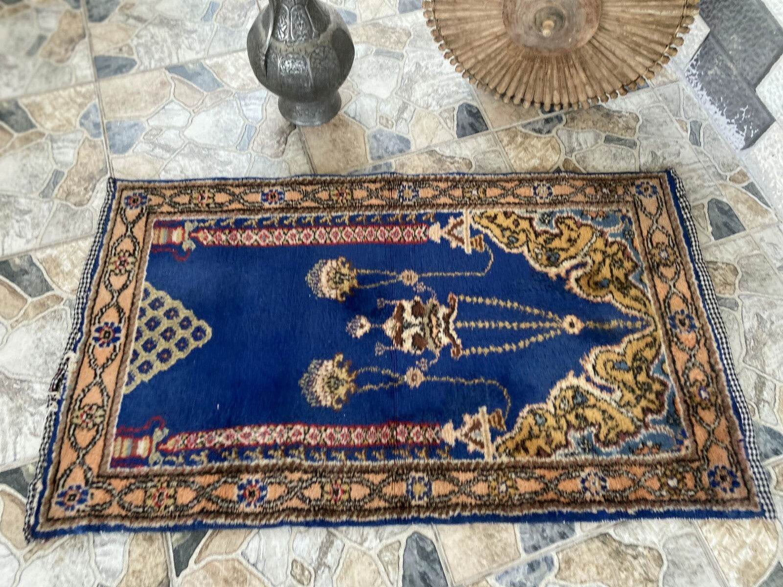 Blue Turkish Prayer Vintage Rug, 1990s Handmade Wool Geometric Farmhouse Small