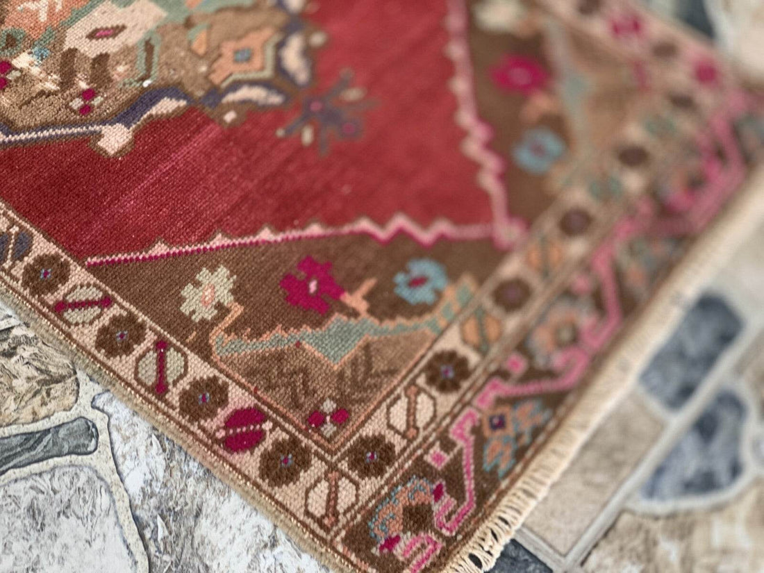 Vintage Turkish Oushak Rug, Geometric Farmhouse Antique Anatolian Rug 1.8x3.4ft