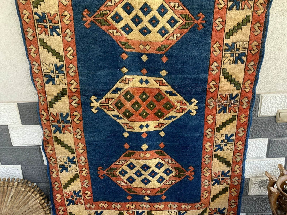 Vintage Turkish Kurdish Wool Rug | Hand-Knotted Tribal Blue Area Carpet 4x6ft