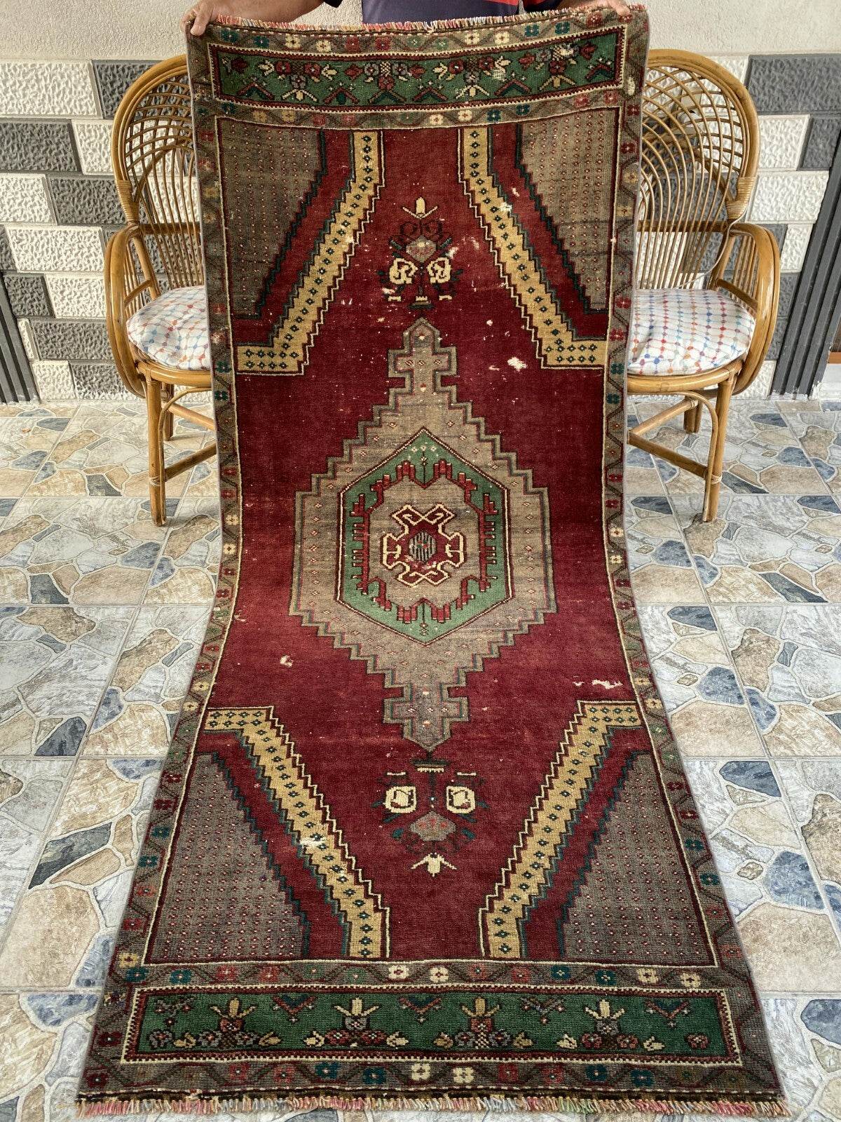 Vintage Turkish Rug | Burgundy Handmade Wool Geometric Antique Anatolian 3.2x7.7
