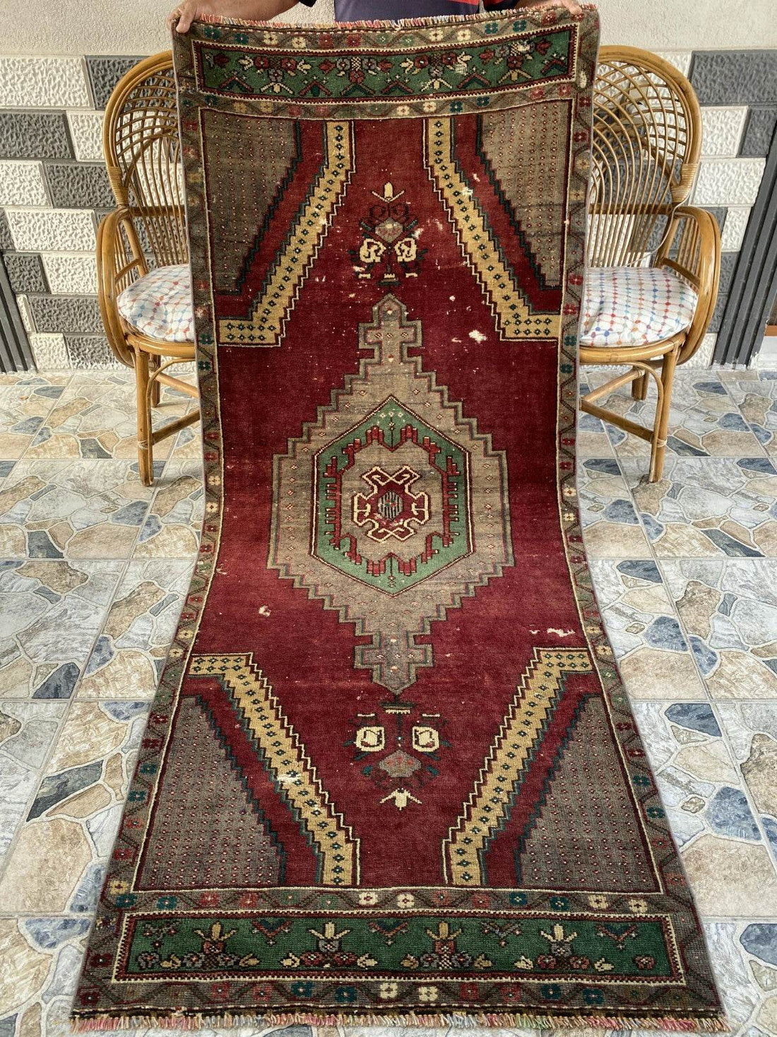Vintage Turkish Rug | Burgundy Handmade Wool Geometric Antique Anatolian 3.2x7.7
