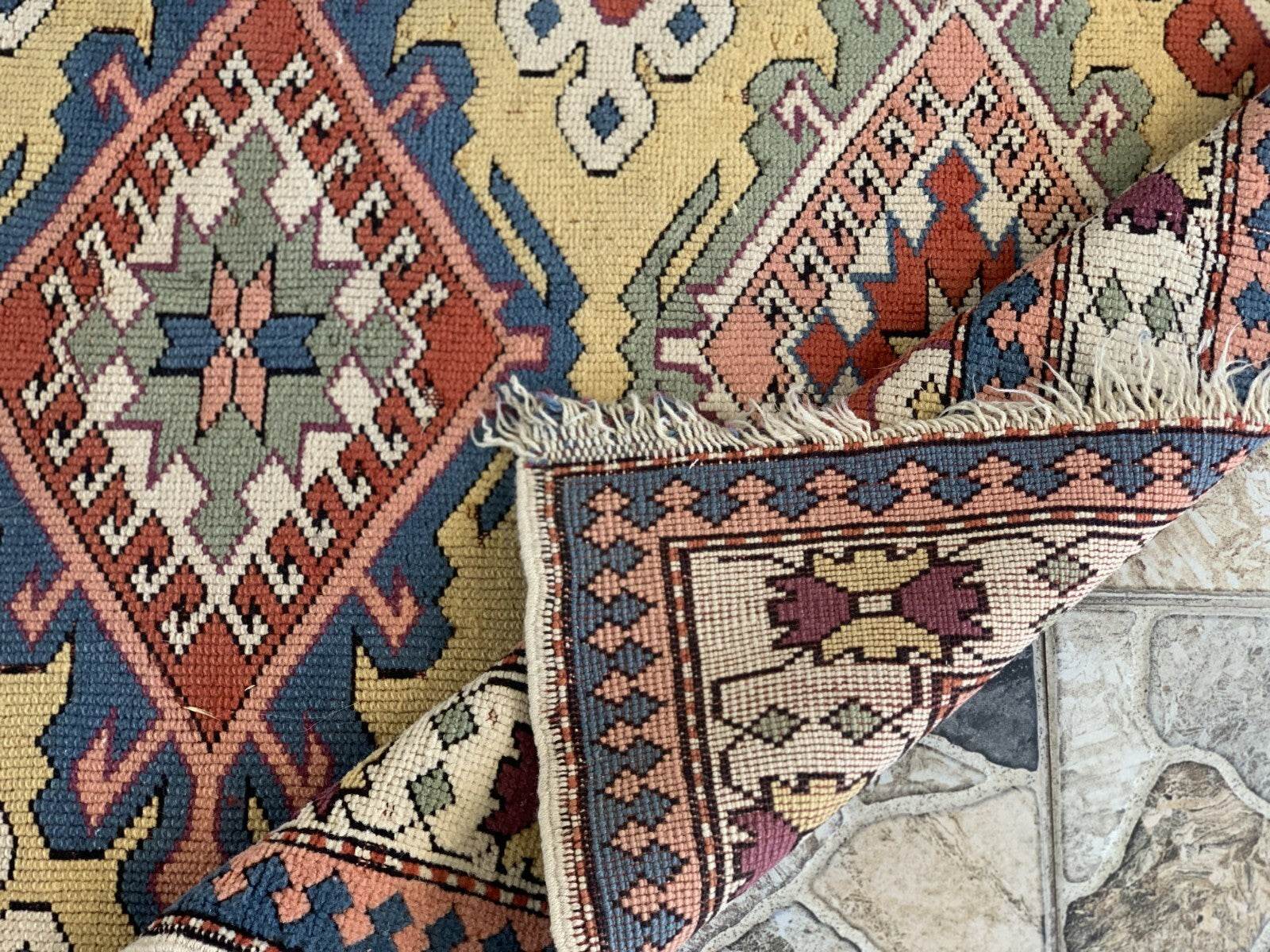 Vintage Handmade Turkish Wool Rug Anatolian Farmhouse Geometric Oushak 4.1x5.4ft