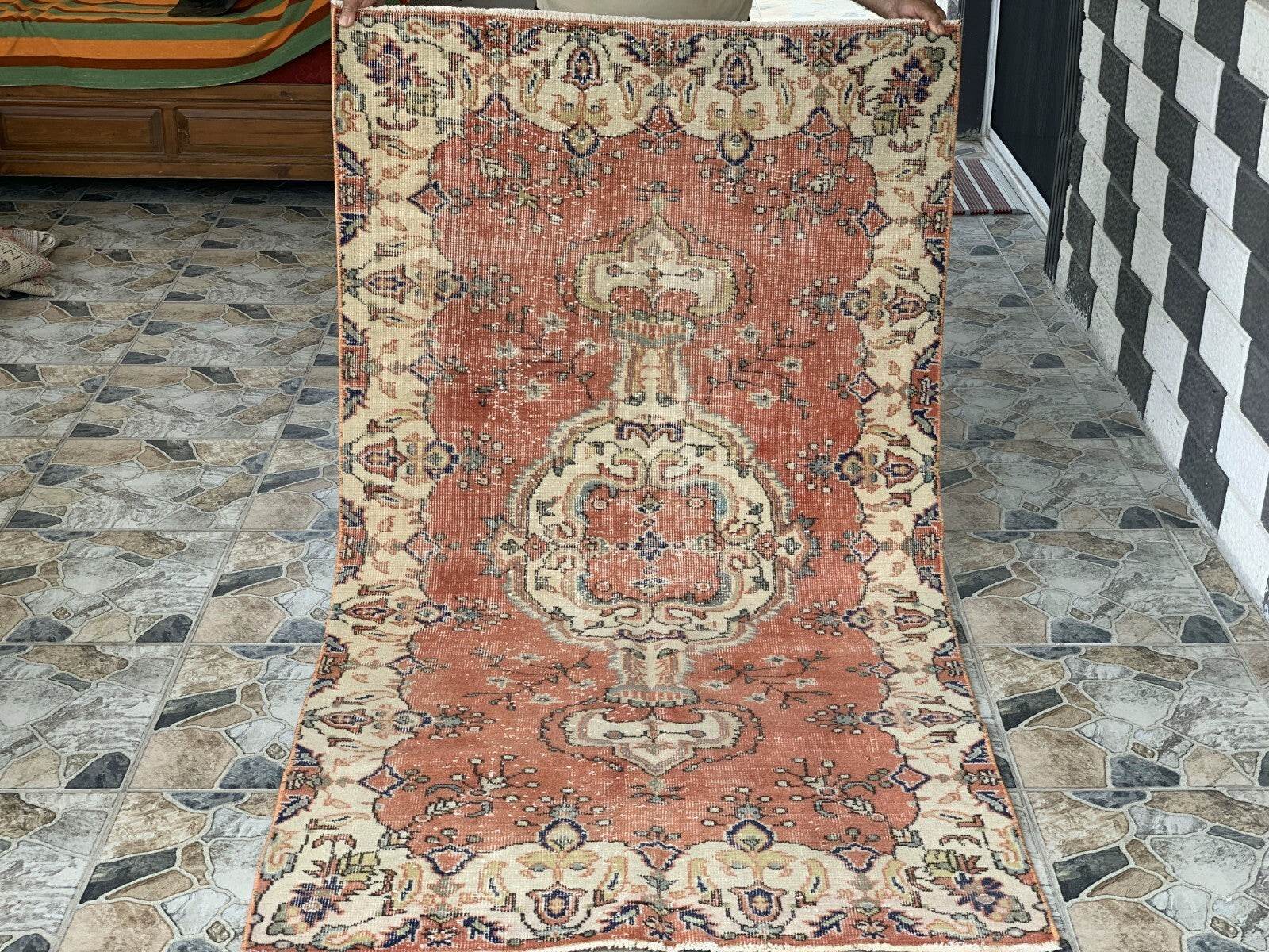 Vintage Rug, Turkish Oushak Wool Handmade Farmhouse Geometric Area Rug 3.6x6.8ft