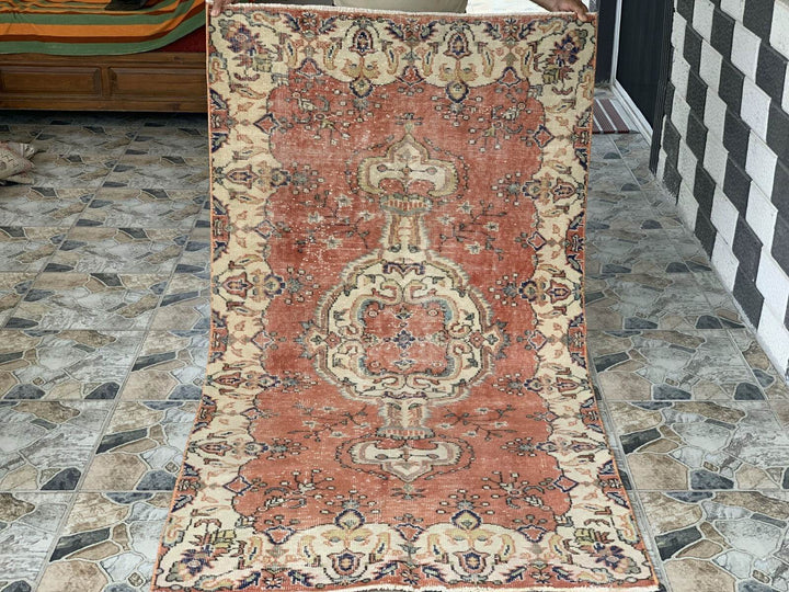 Vintage Rug, Turkish Oushak Wool Handmade Farmhouse Geometric Area Rug 3.6x6.8ft