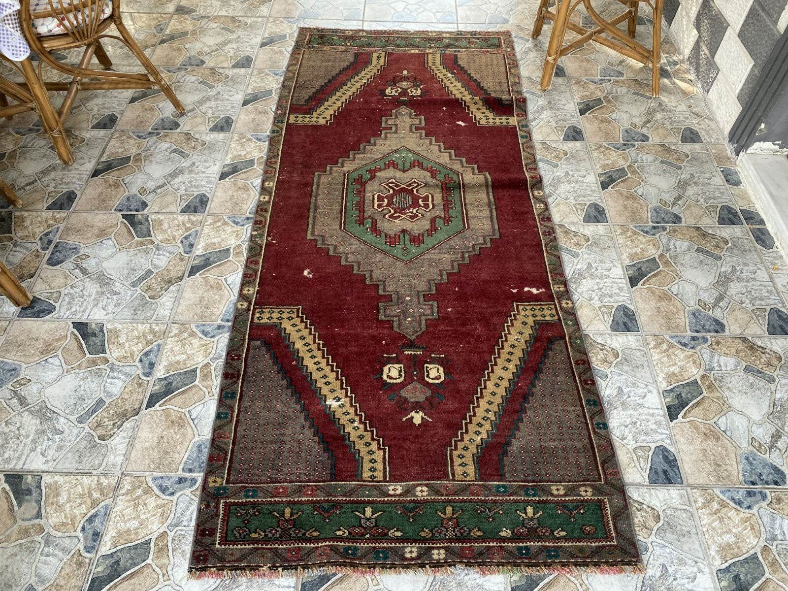 Vintage Turkish Rug | Burgundy Handmade Wool Geometric Antique Anatolian 3.2x7.7