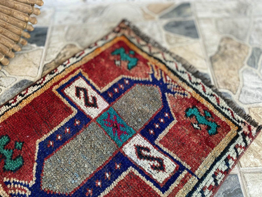Vintage Turkish Tribal Rug | 1.6 x 3.4 ft | Handmade Wool Anatolian Small Carpet