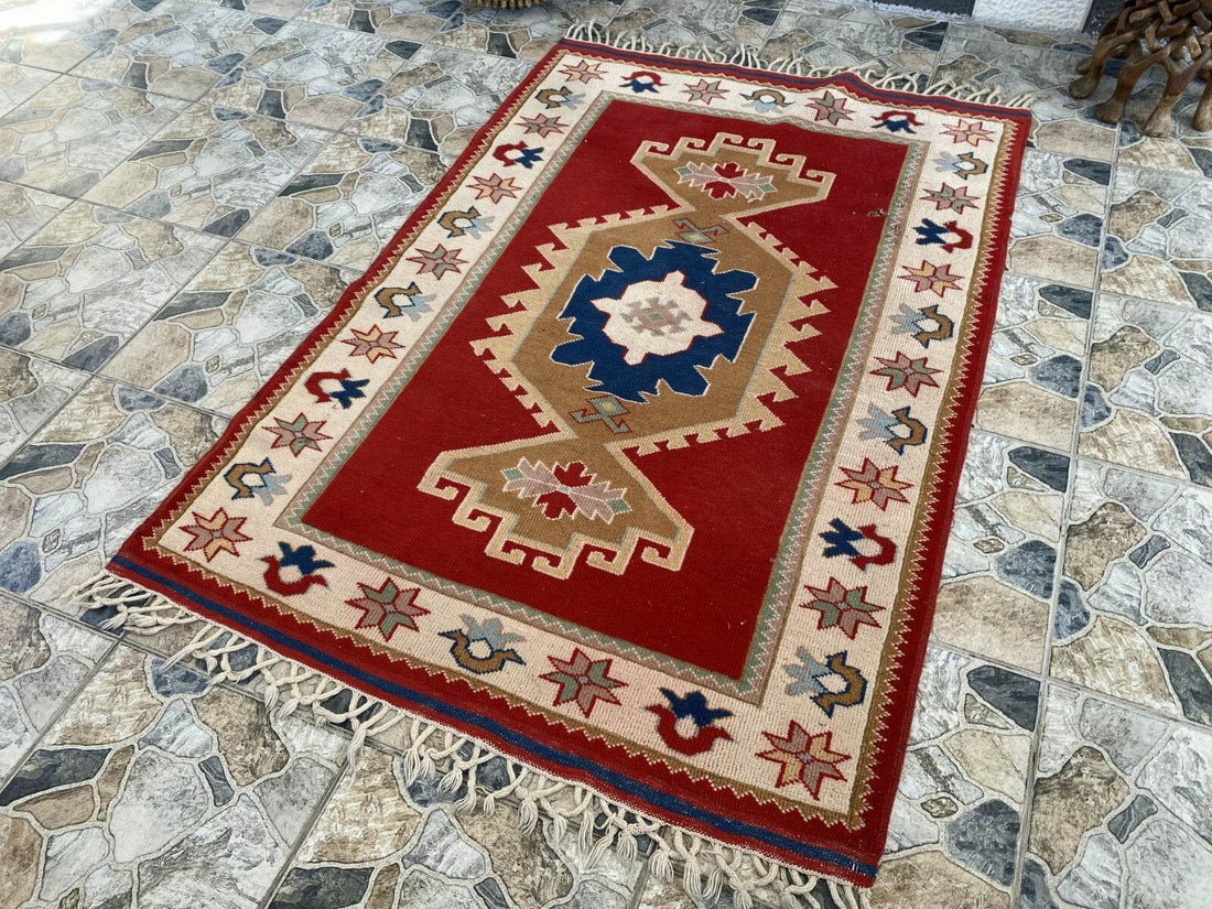 Geometric Turkish Vintage Rug,Farmhouse Handmade Anatolian Village Rug 4.2x6.2ft