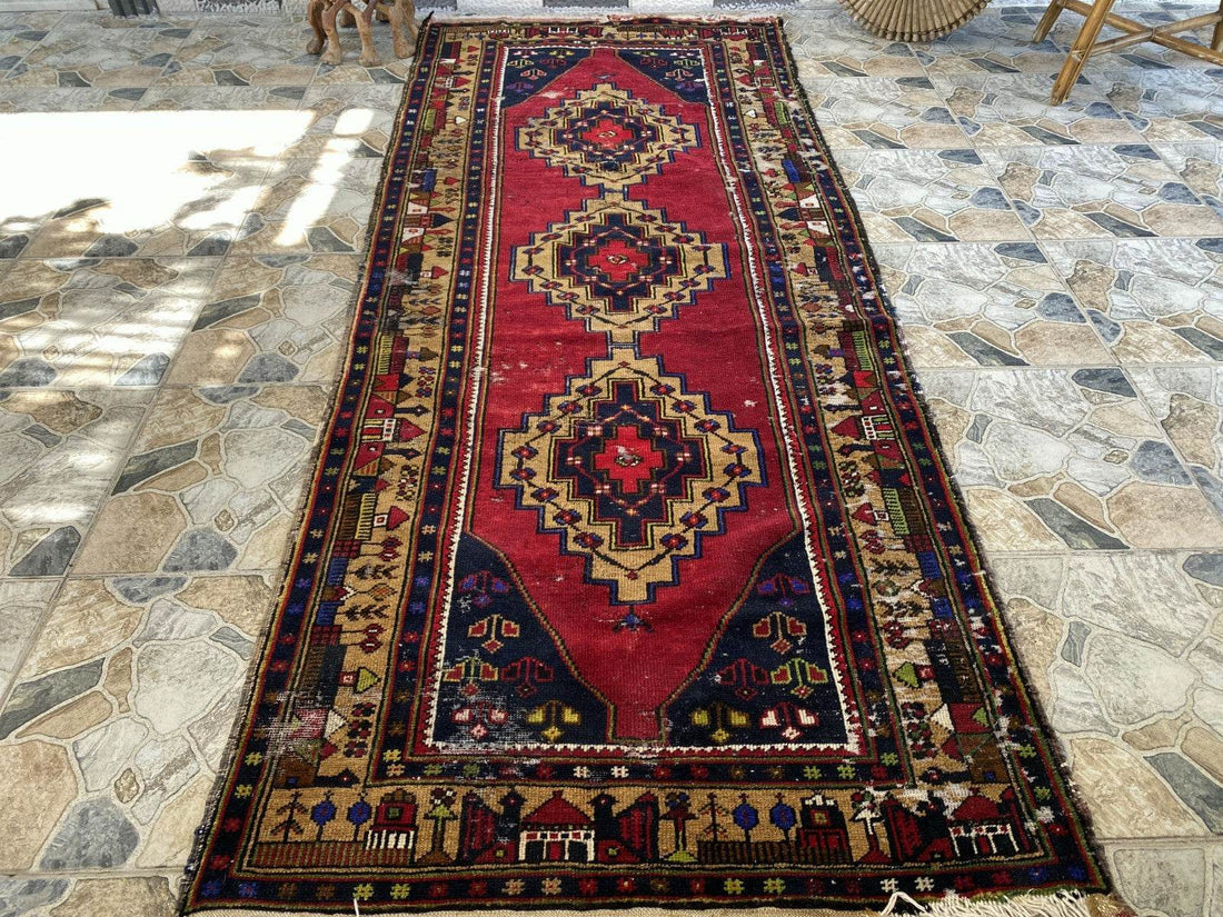 Vintage Turkish Tribal Rug | 3 x 9 ft Farmhouse Hand-Knotted Wool Geometric Rug