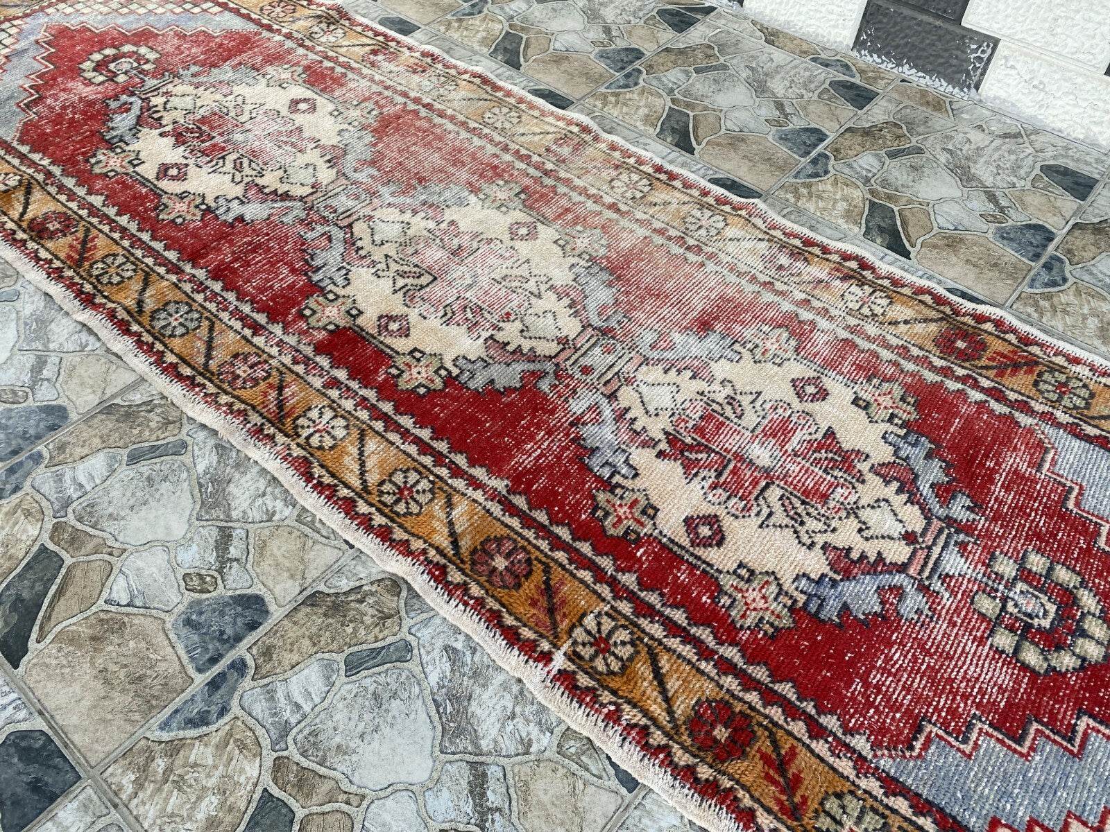 Vintage Turkish Oushak Rug, 3 x 9 ft Red Handmade Wool Antique Tribal Runner Rug