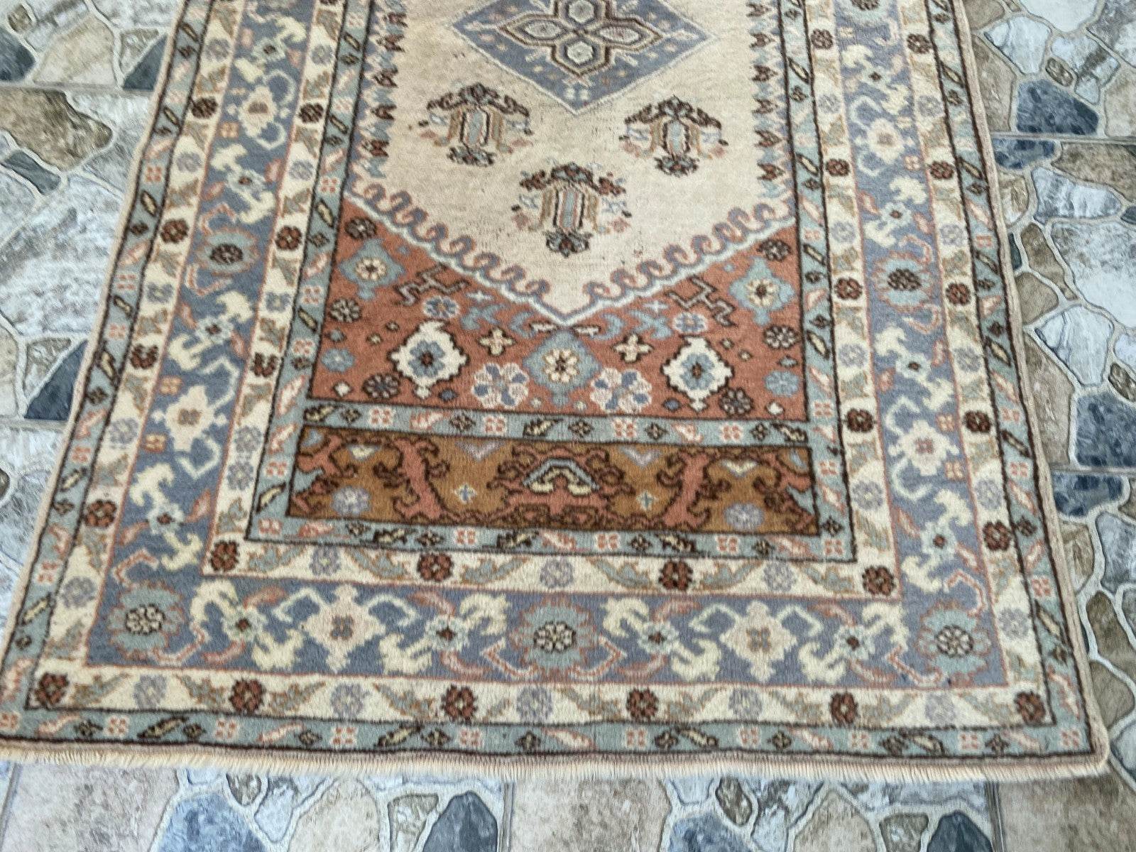 Vintage Kula Area Rug | 3.4 x 6.0 ft Hand-Knotted Wool Antique Farmhouse Carpet