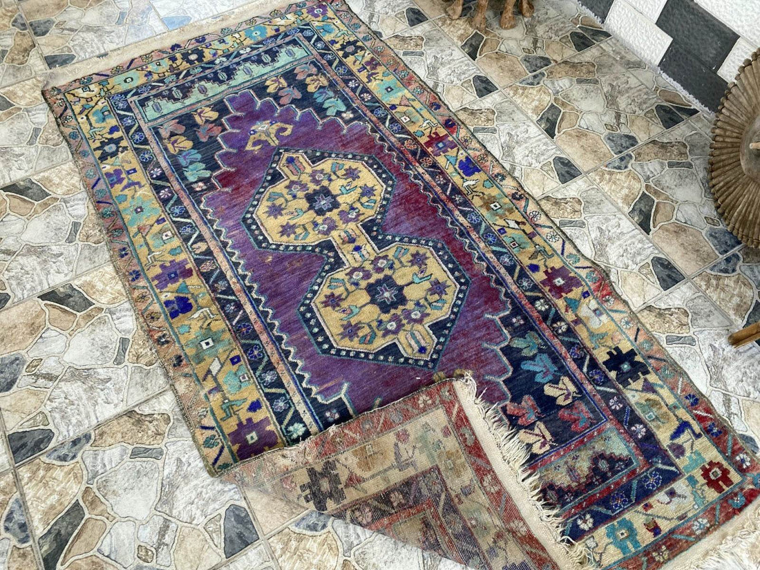 Vintage Turkish Anatolian Rug | 3.9 x 7.1 ft | Hand-Knotted Rug Wool Area Carpet