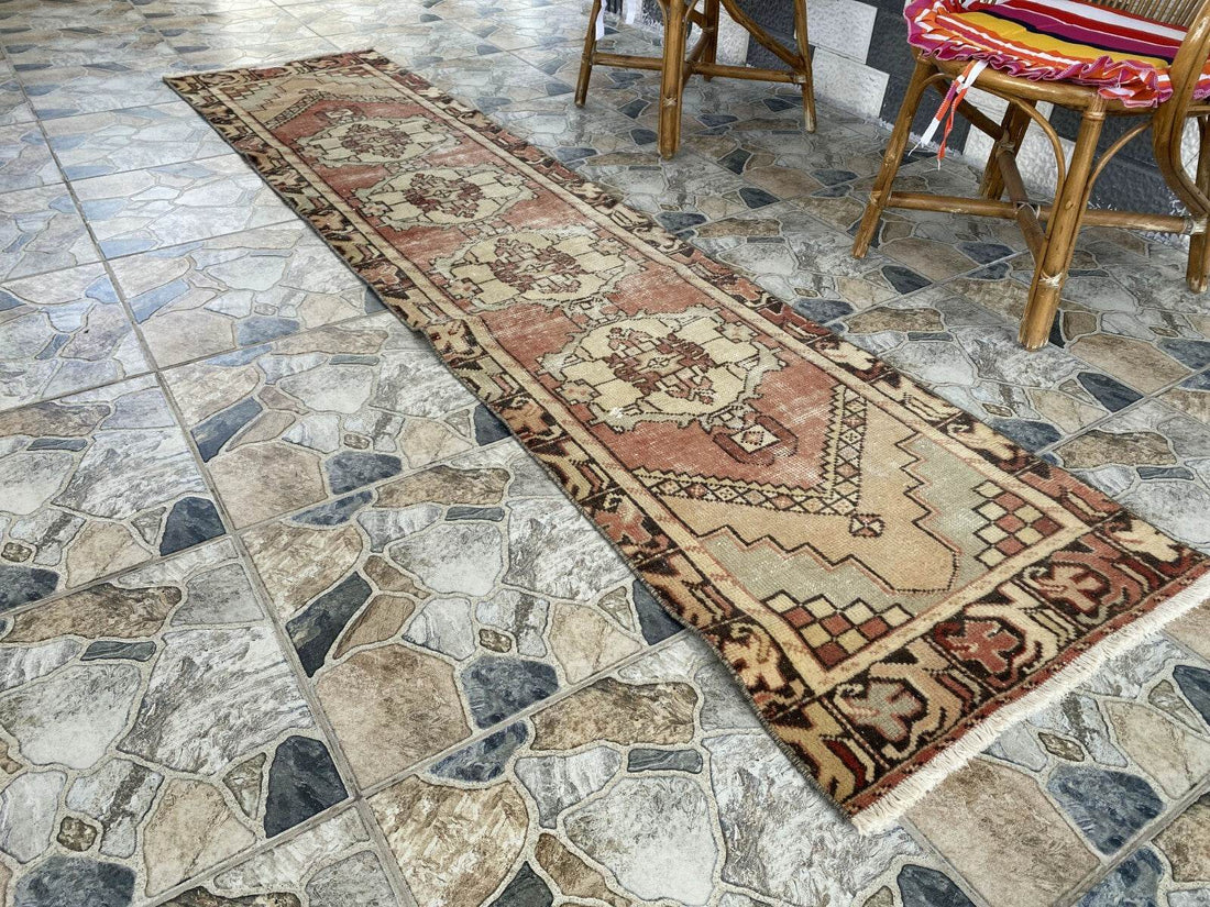 Vintage Rug | Wool Runner Antique Farmhouse Anatolian Handmade Turkish Rug 2x9ft