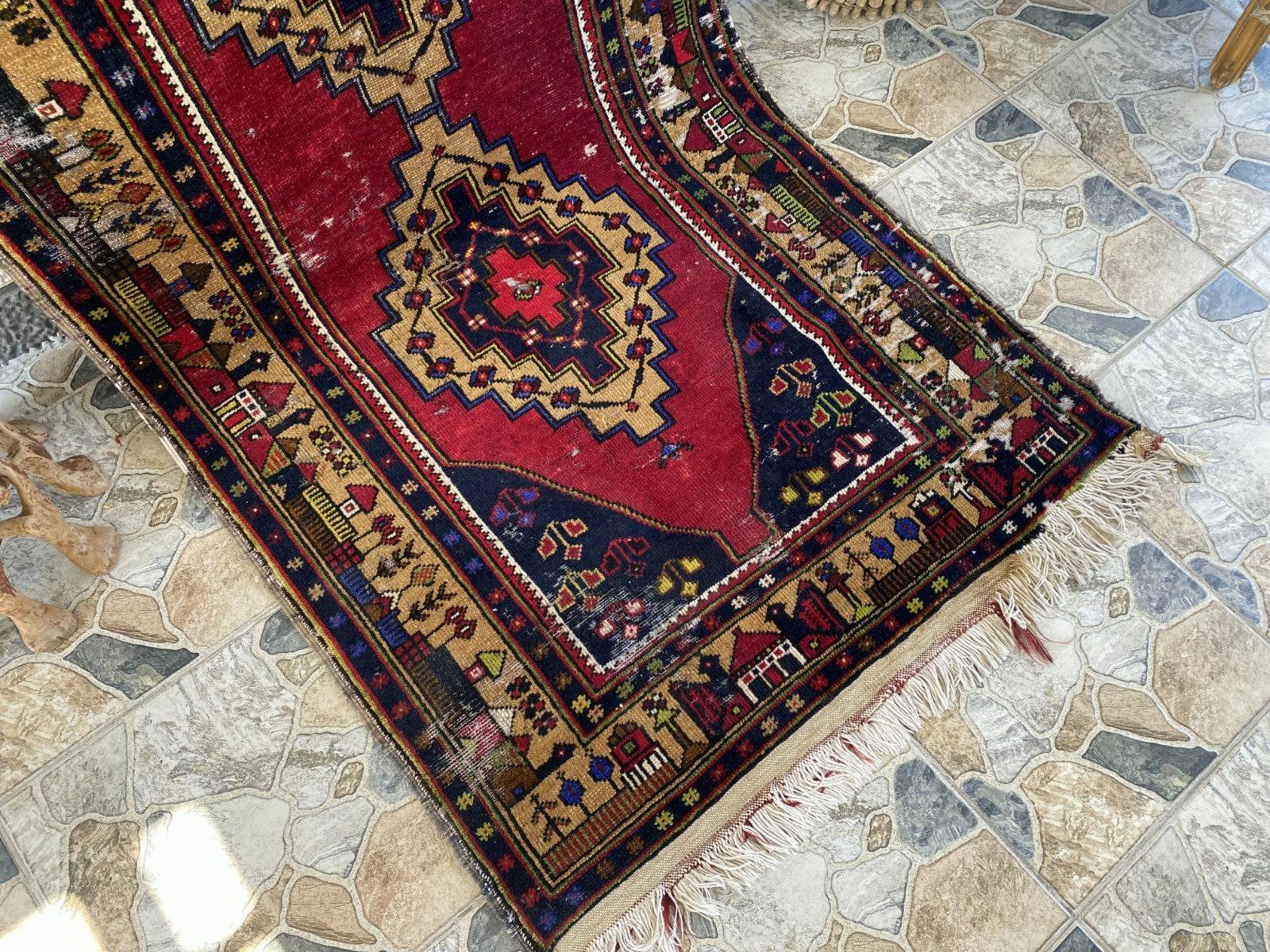 Vintage Turkish Tribal Rug | 3 x 9 ft Farmhouse Hand-Knotted Wool Geometric Rug