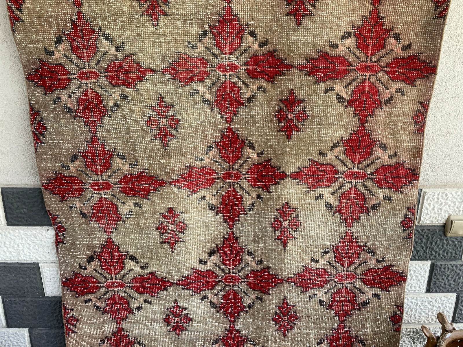 Vintage Turkish Area Rug 4x7 ft | Hand-Knotted Wool Carpet Bold Geometric Tribal