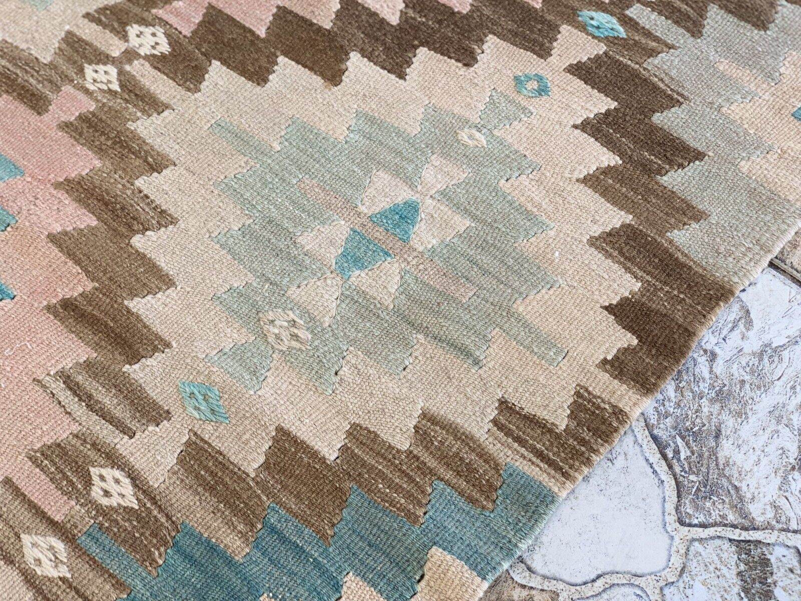 Anatolian Kilim Vintage Geometric Turkish Tribal Oushak Wool Area Rug 5.1x6.2 ft