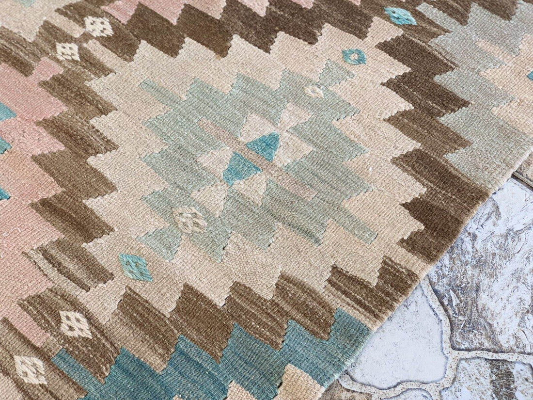 Anatolian Kilim Vintage Geometric Turkish Tribal Oushak Wool Area Rug 5.1x6.2 ft