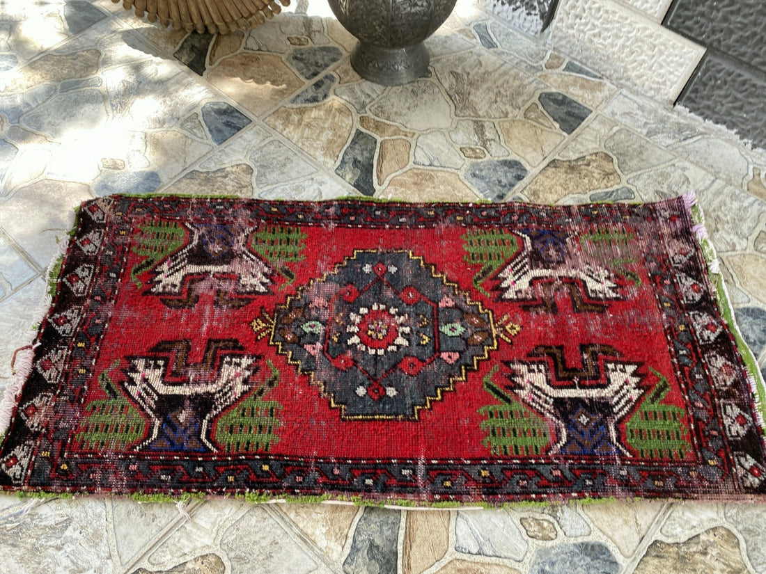Vintage Turkish Small Rug | 1.6 x 3.3 ft Hand-Knotted Wool | Red Geometric Mat