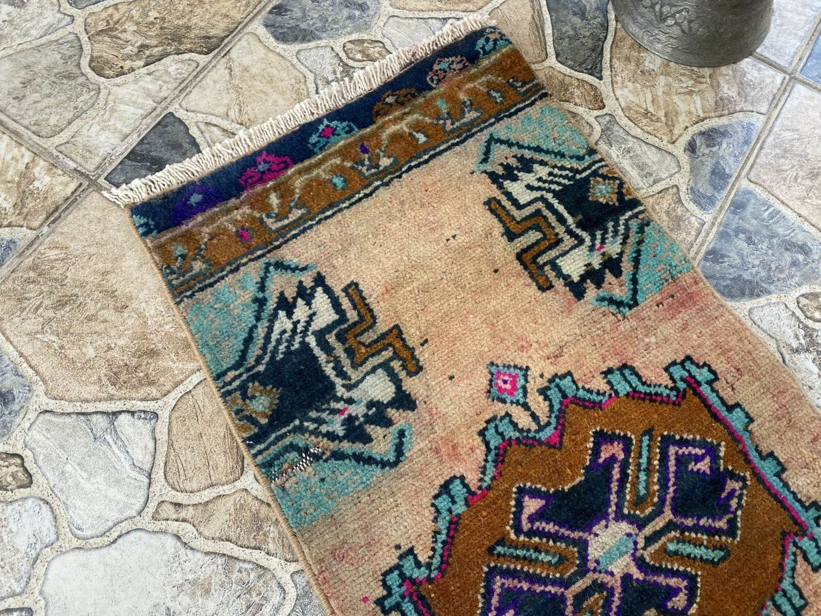 Vintage Turkish Rug 1.2x3 ft Tribal Medallion Hand-Knotted Wool Small 1970s Rug