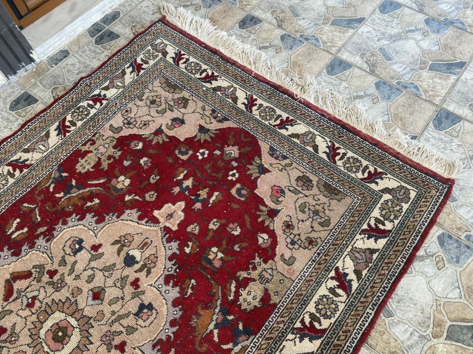 Vintage Turkish Wool Rug, Antique Red Hand-Knotted Oushak Anatolian 1970s 4x6