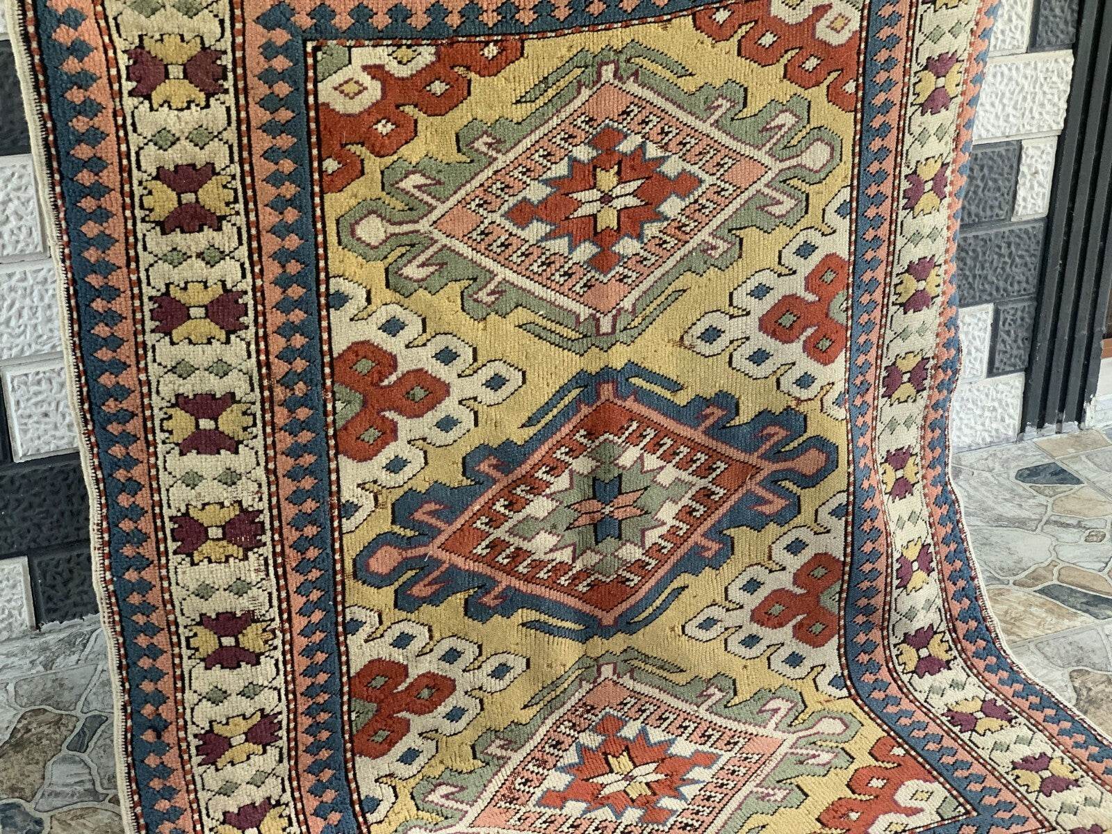 Vintage Handmade Turkish Wool Rug Anatolian Farmhouse Geometric Oushak 4.1x5.4ft