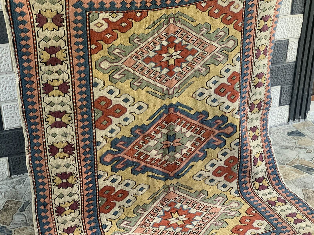 Vintage Handmade Turkish Wool Rug Anatolian Farmhouse Geometric Oushak 4.1x5.4ft