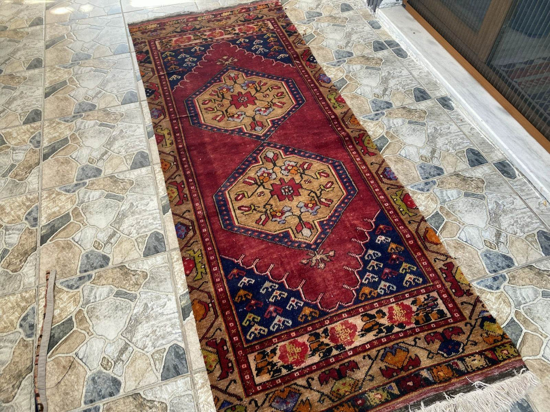Vintage Anatolian Area Rug | 2.9x7.7 ft Handwoven Wool Antique Farmhouse Carpet