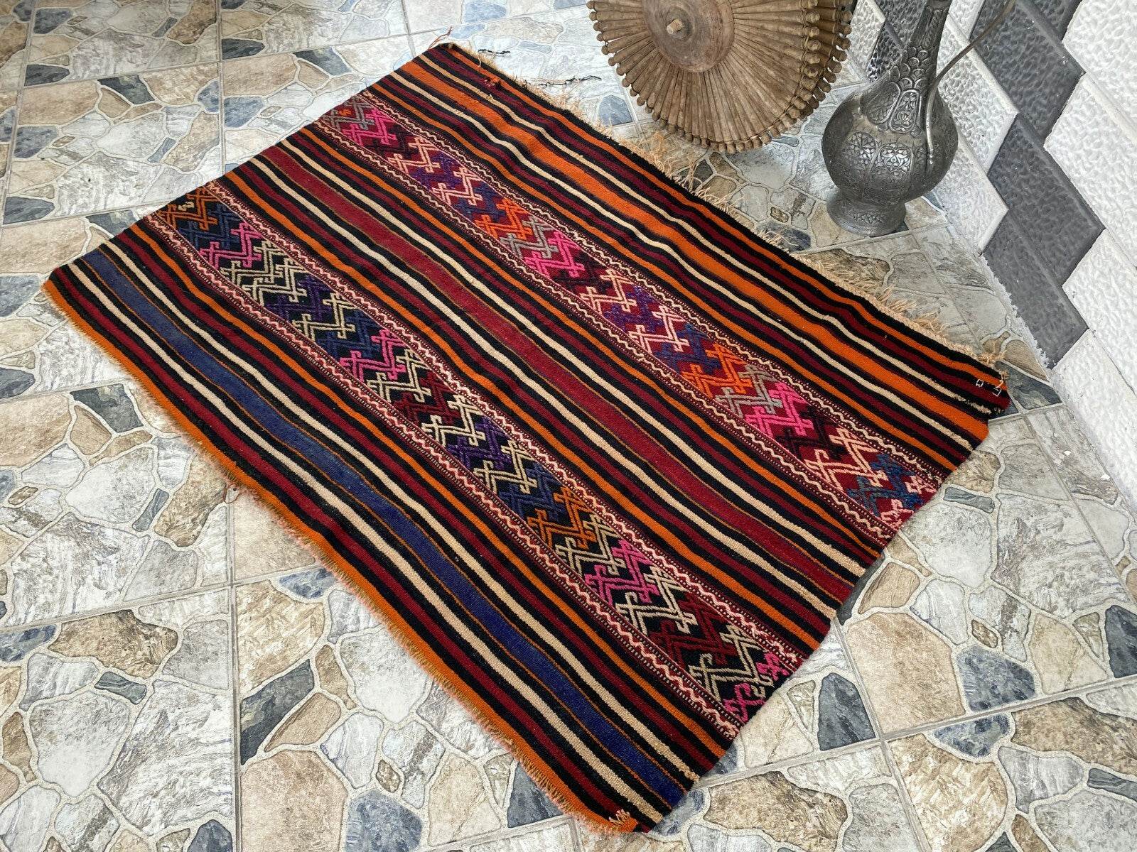 Vintage Turkish Wool Rug, Hand-Knotted Antique Geometric Oushak Area Kilim 3x5