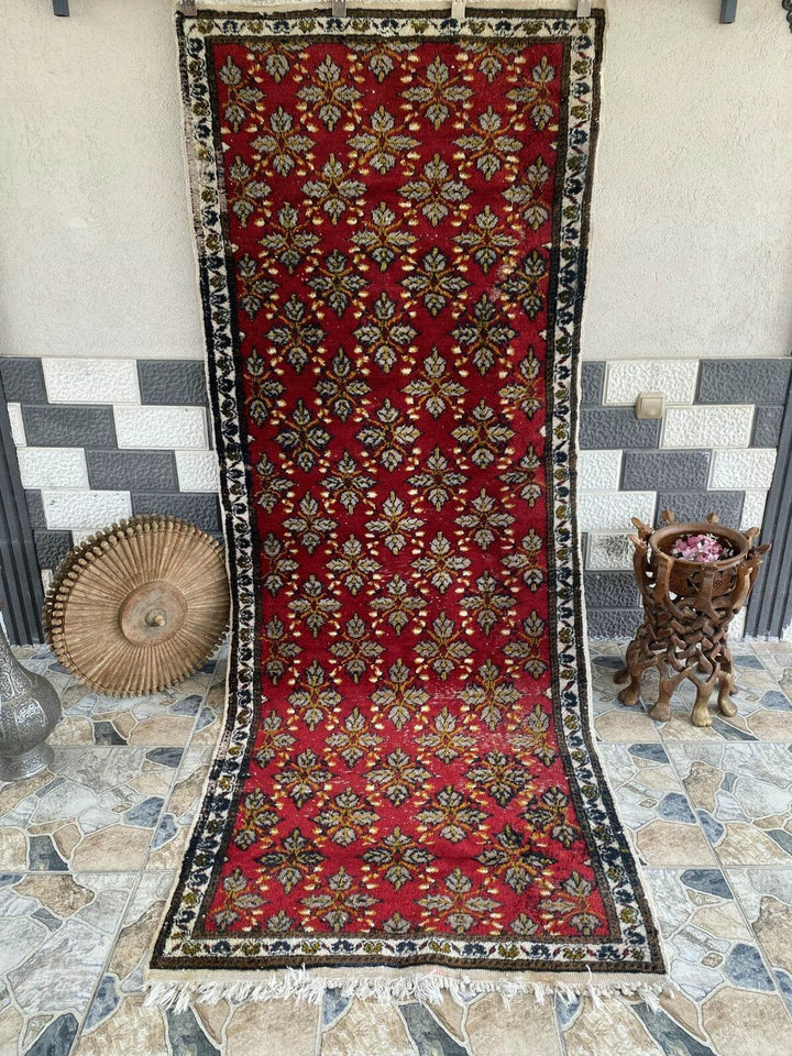 Vintage Turkish Runner Rug 3x9 ft | Hand-Knotted Wool Boho Rug Red Floral Carpet