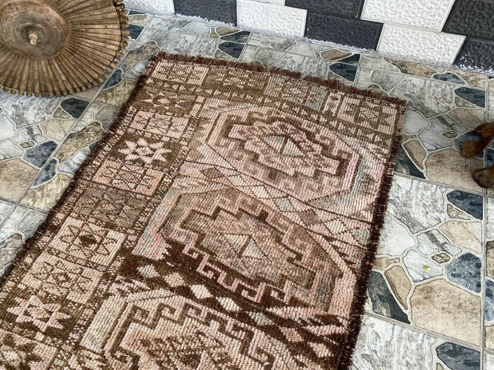 Vintage Kurdish Herki Rug | 1960s Brown Anatolian Hand-Knotted Wool Runner Rug