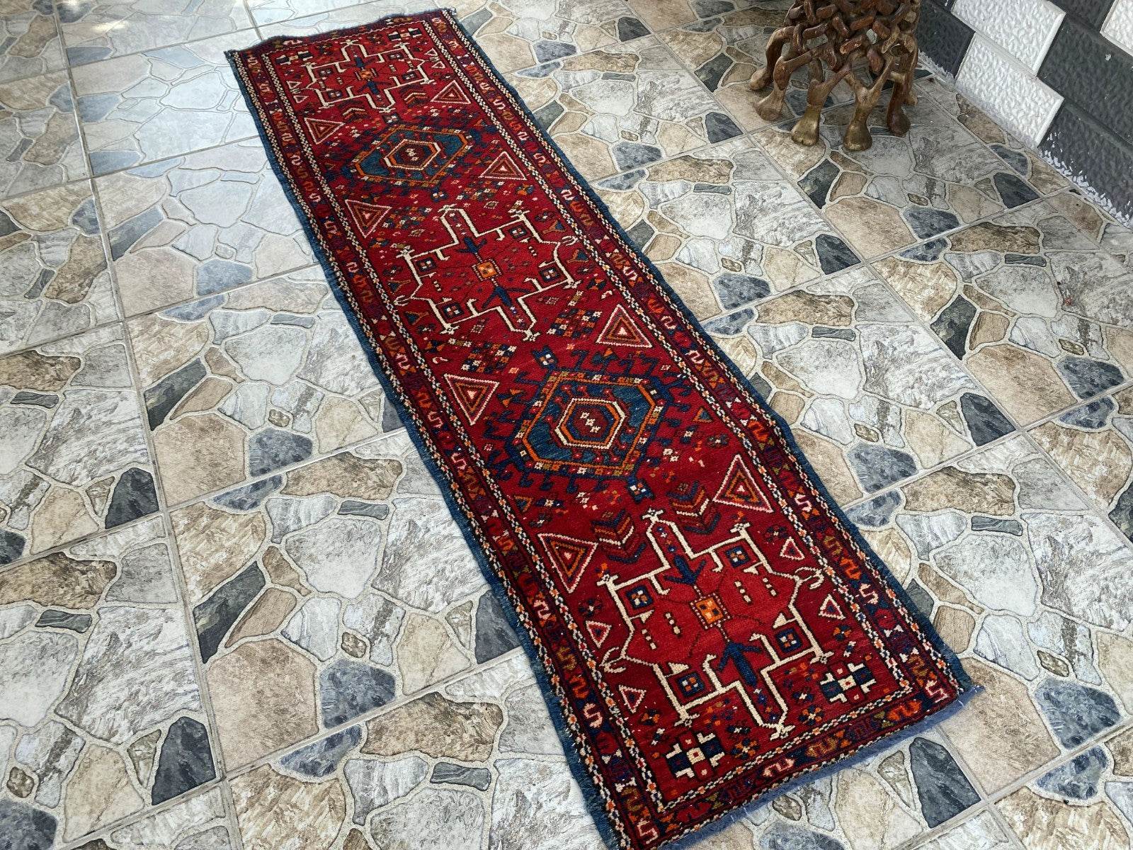 Vintage Persian Style Runner Rug | 1.8 x 6.6 ft Hand-Knotted Wool | Red & Blue Tribal