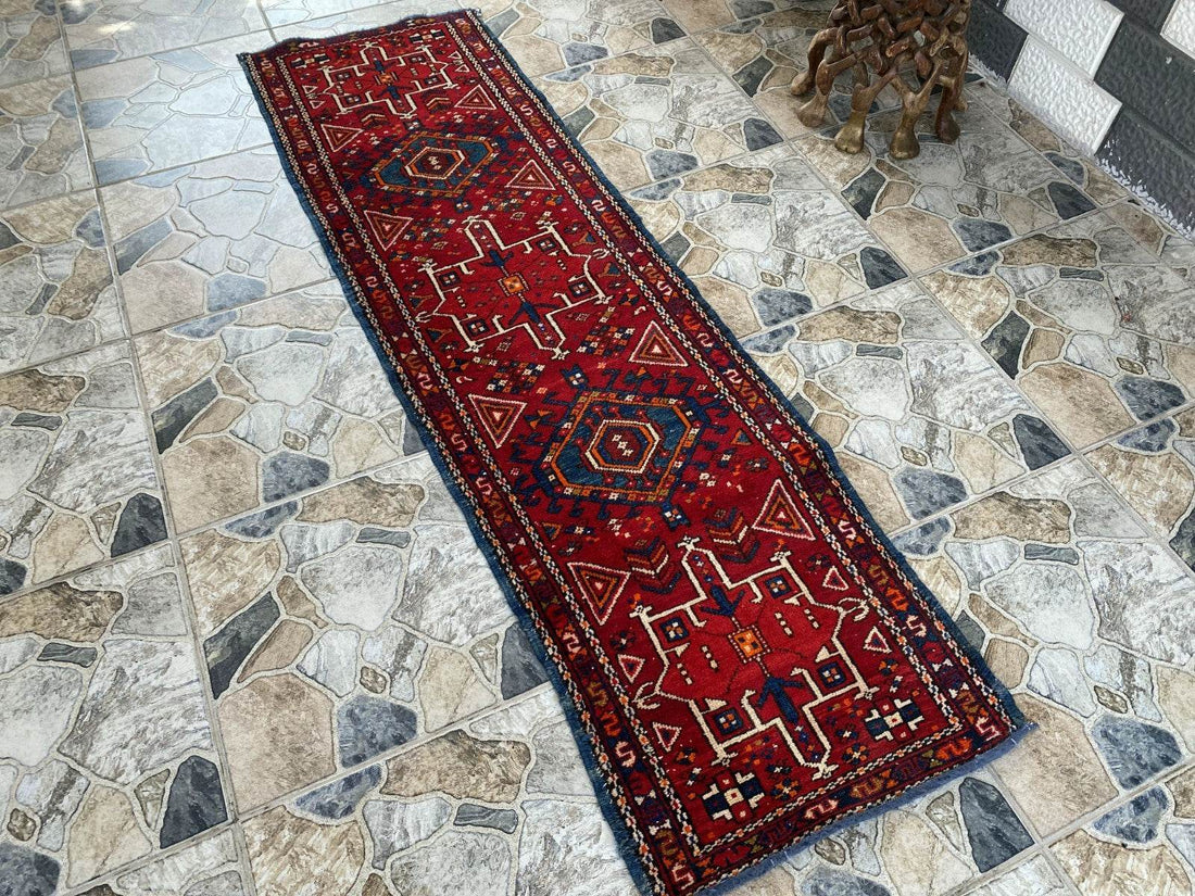 Vintage Persian Style Runner Rug | 1.8 x 6.6 ft Hand-Knotted Wool | Red & Blue Tribal