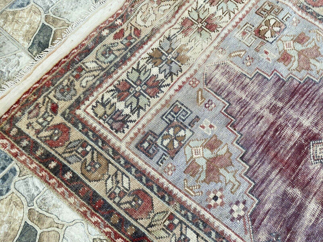 Turkish Vintage Rug Oushak Wool Geometric Handmade Antique Farmhouse 3.8x8 ft