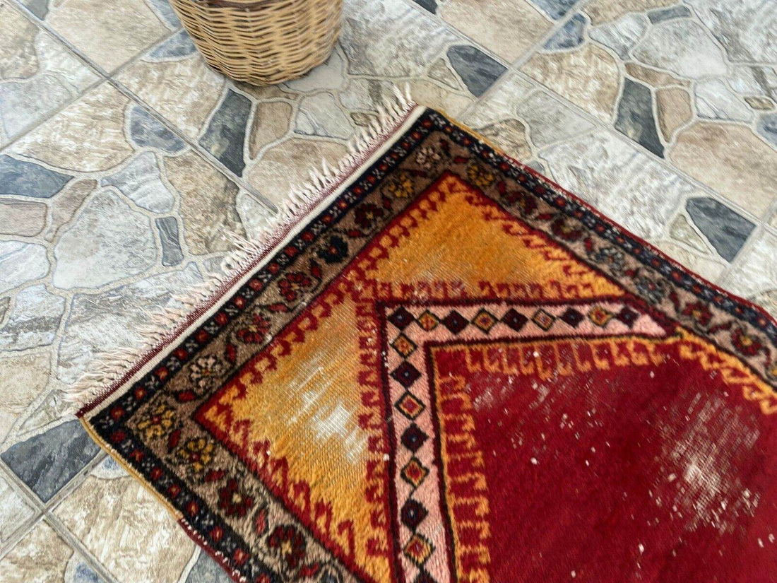 Vintage Turkish Prayer Rug, Wool Hand-Knotted Oushak Antique Farmhouse Rug 2x3