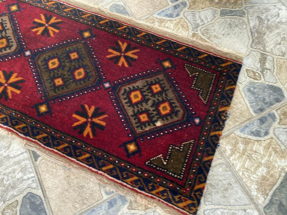 Vintage Turkish Wool Rug, Antique Hand-Knotted Geometric Oushak Small Runner 1x3