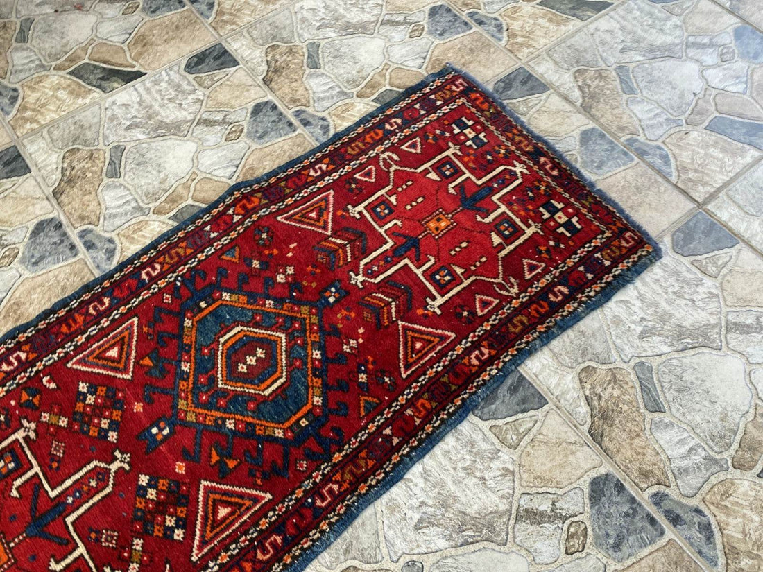 Vintage Persian Style Runner Rug | 1.8 x 6.6 ft Hand-Knotted Wool | Red & Blue Tribal