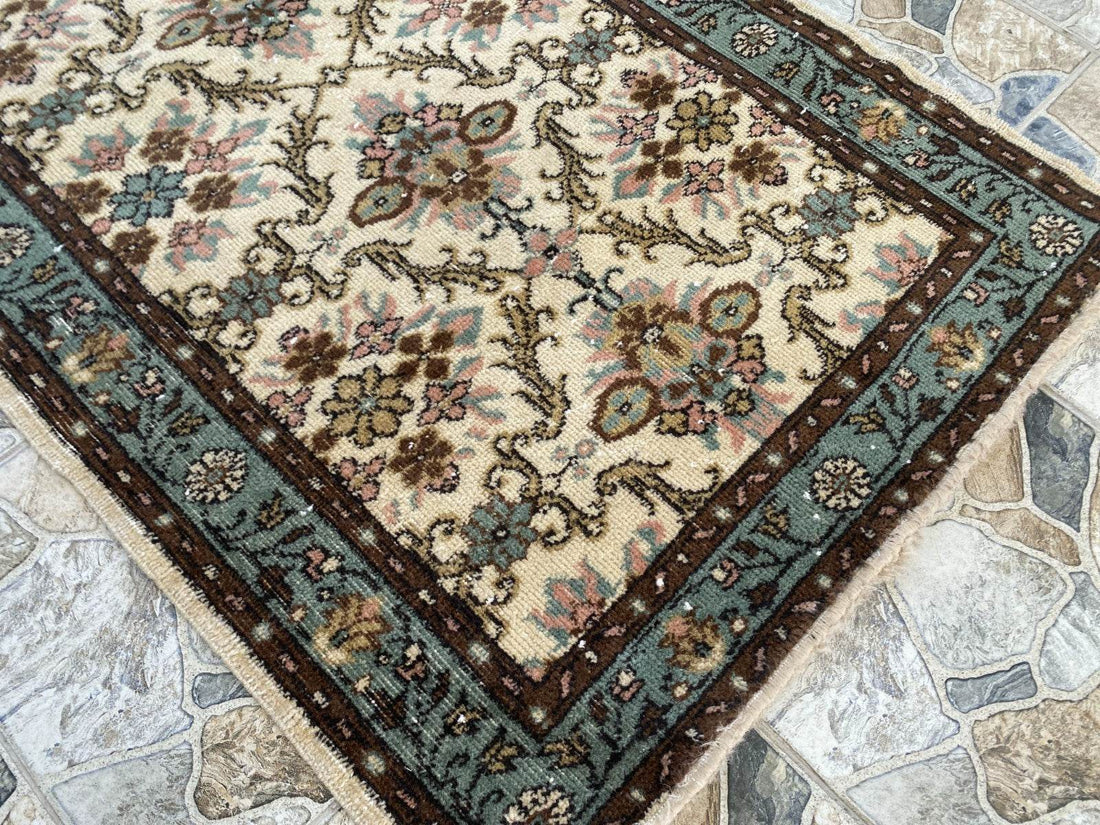 Vintage Anatolian Area Rug, 3.3x6.3 ft Hand-Knotted Wool Faded Rustic Geometric