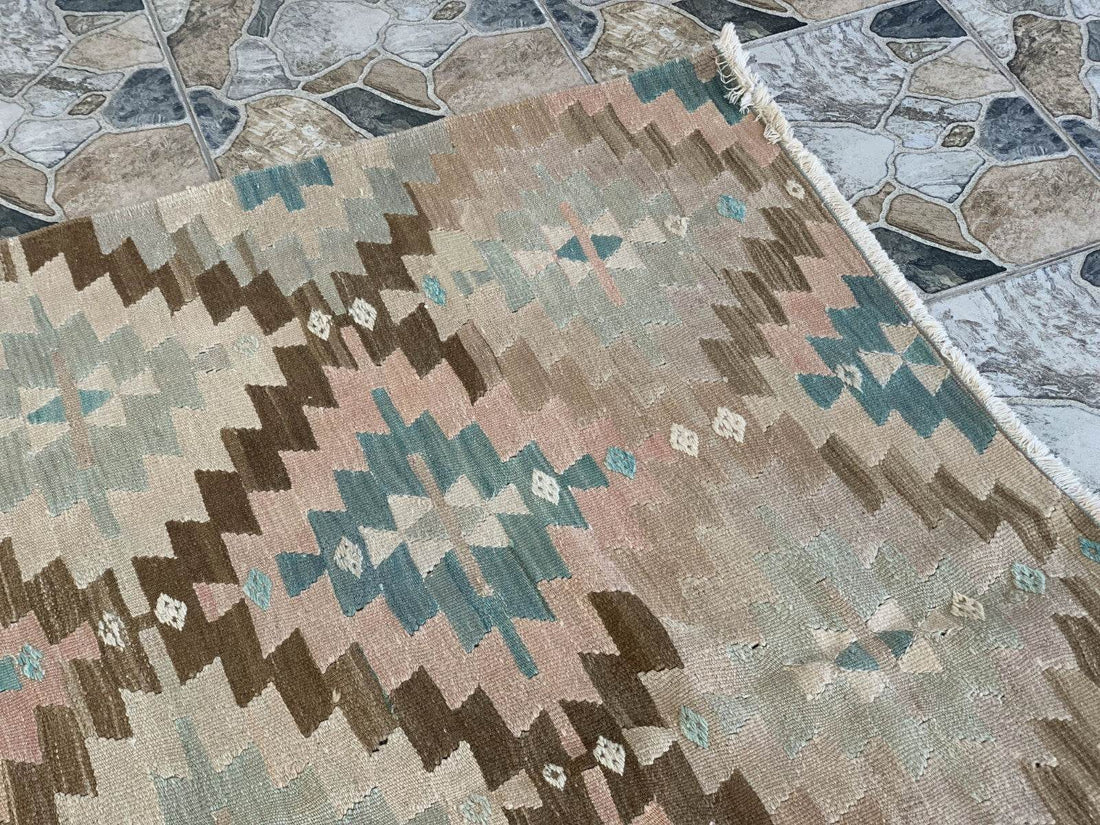 Anatolian Kilim Vintage Geometric Turkish Tribal Oushak Wool Area Rug 5.1x6.2 ft