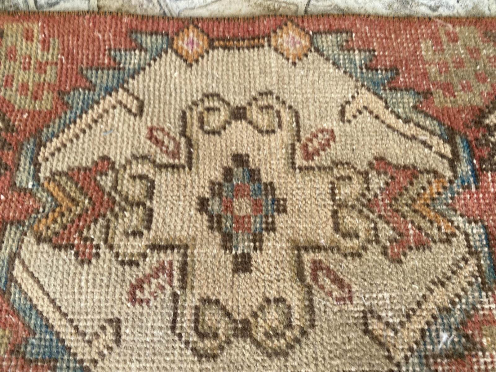 Vintage Turkish Wool Rug, Hand-Knotted Antique Geometric Oushak Small Runner 1x3