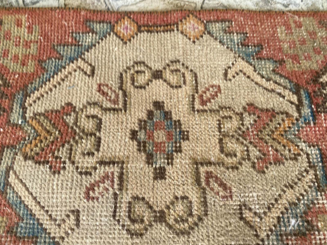 Vintage Turkish Wool Rug, Hand-Knotted Antique Geometric Oushak Small Runner 1x3
