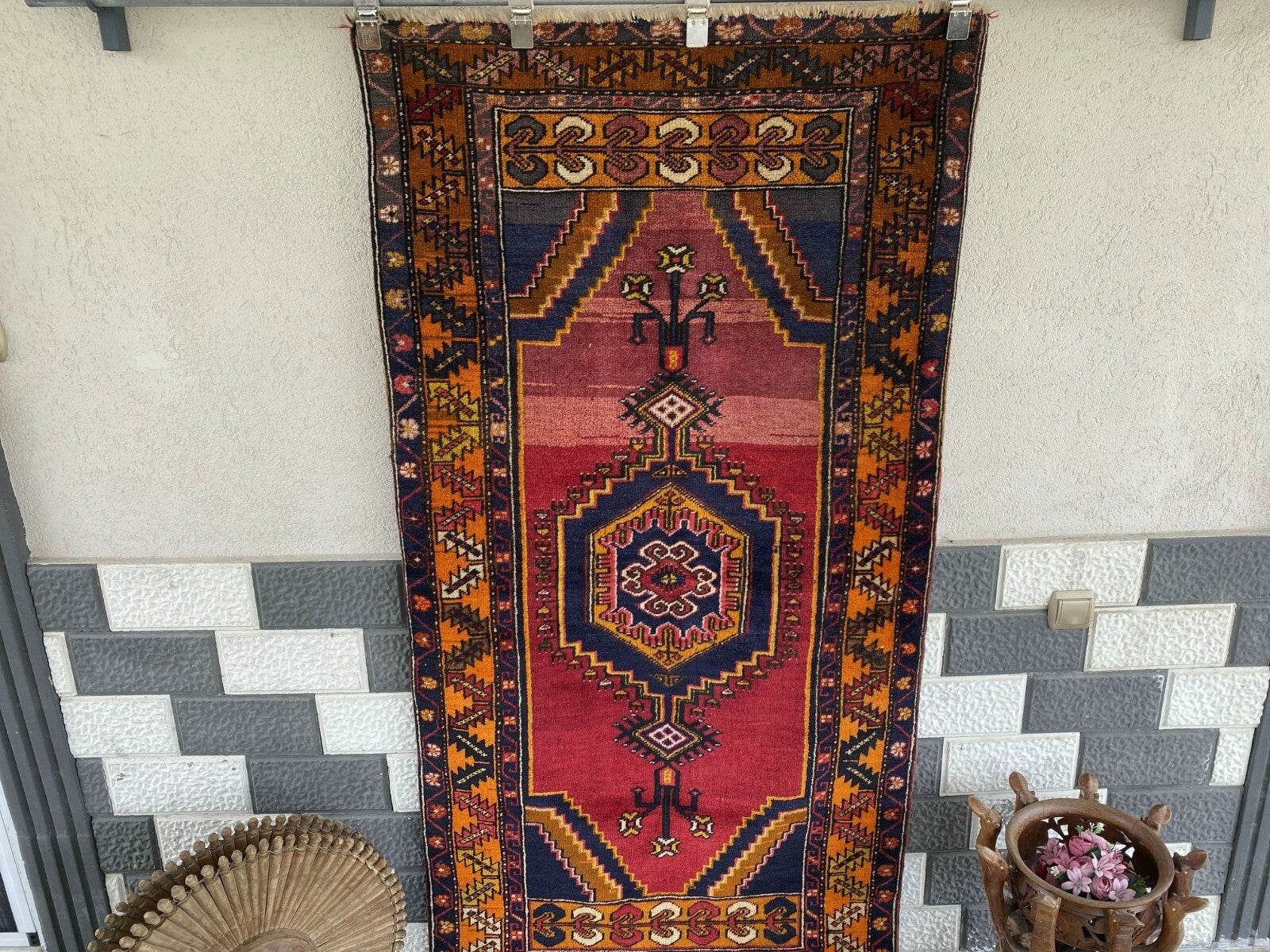 Geometric Turkish Vintage Rug, Farmhouse Handmade Anatolian Village Rug 3x6 ft