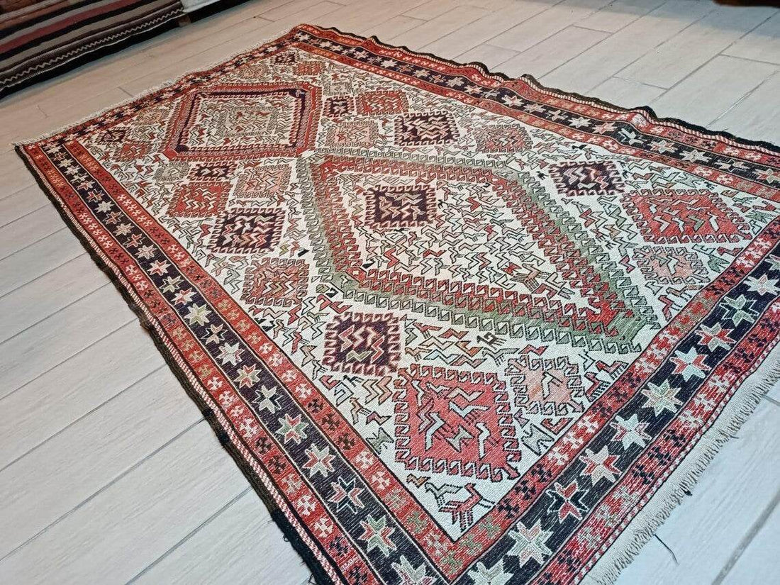 Vintage Persian Style Silk Soumak Rug, Hand-Woven Flatweave | Geometric Area Rug Deco