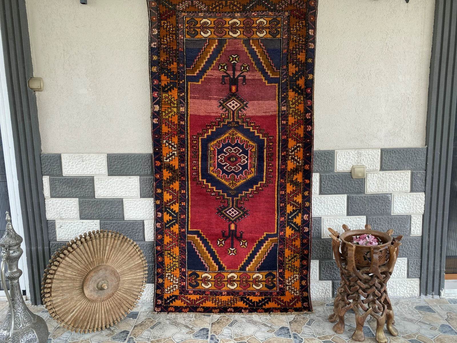 Geometric Turkish Vintage Rug, Farmhouse Handmade Anatolian Village Rug 3x6 ft