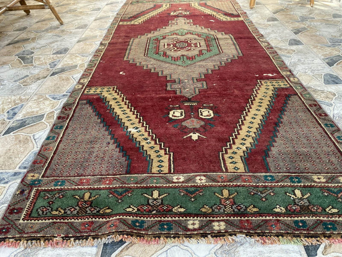Vintage Turkish Rug | Burgundy Handmade Wool Geometric Antique Anatolian 3.2x7.7