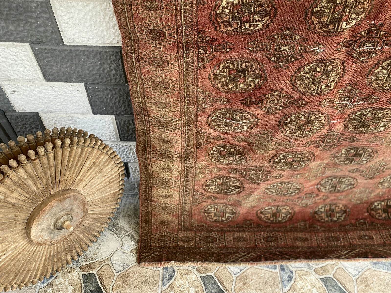 VINTAGE RUG HAND-KNOTTED Afghan Style BUKHARA handmade wool RED antique farmhouse rug