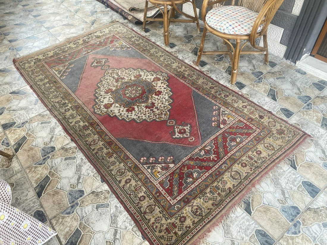 Vintage Turkish Rug | Tribal Hand-Knotted Wool Farmhouse Antique Carpet 4.16 x 7.93 ft